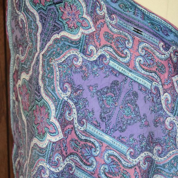 Vintage Vera Scarf, Blue and Purple and Pink Silk and Rayon, Square Designer - Picture 2 of 10
